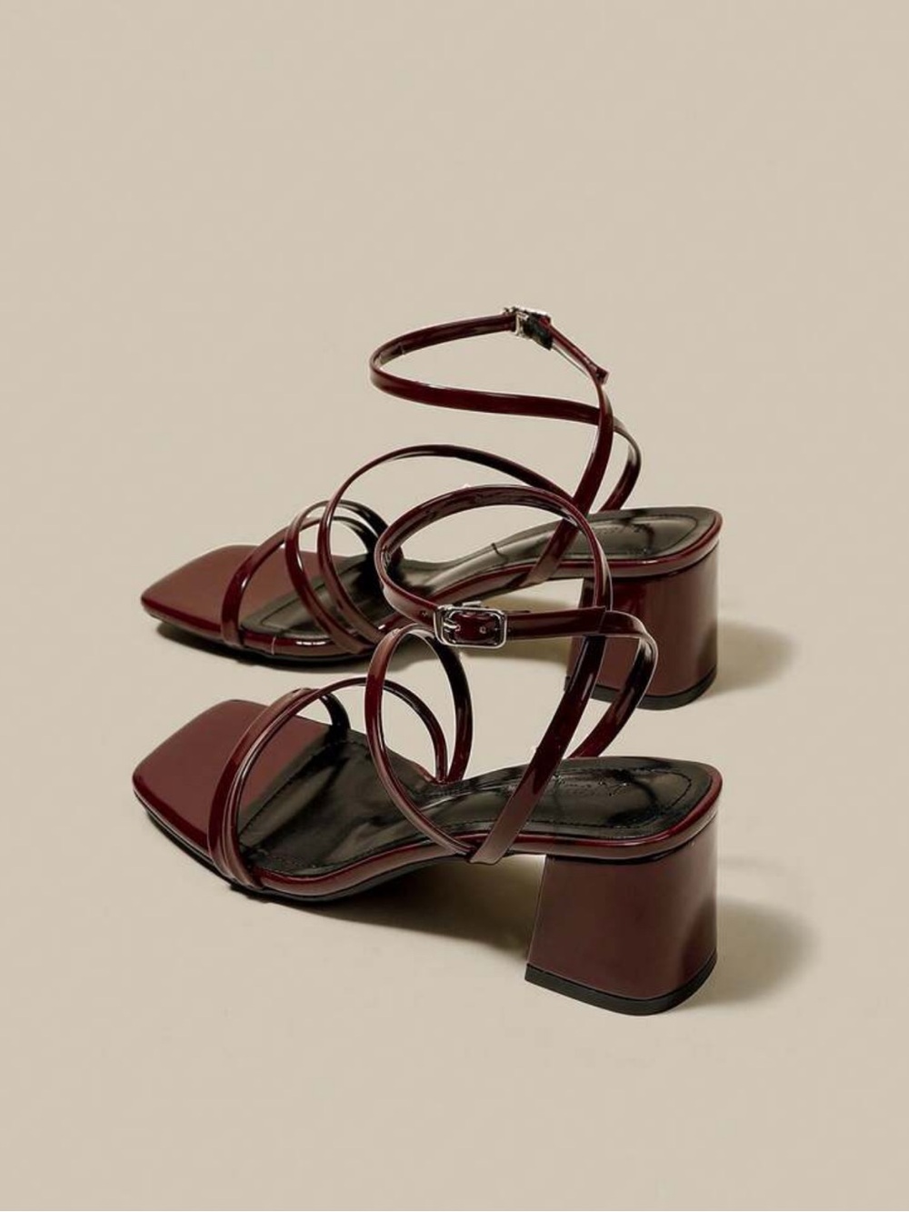 Ovelo Burgundy Strappy Block Heel Sandals | Square Toe Ankle Strap Heels
